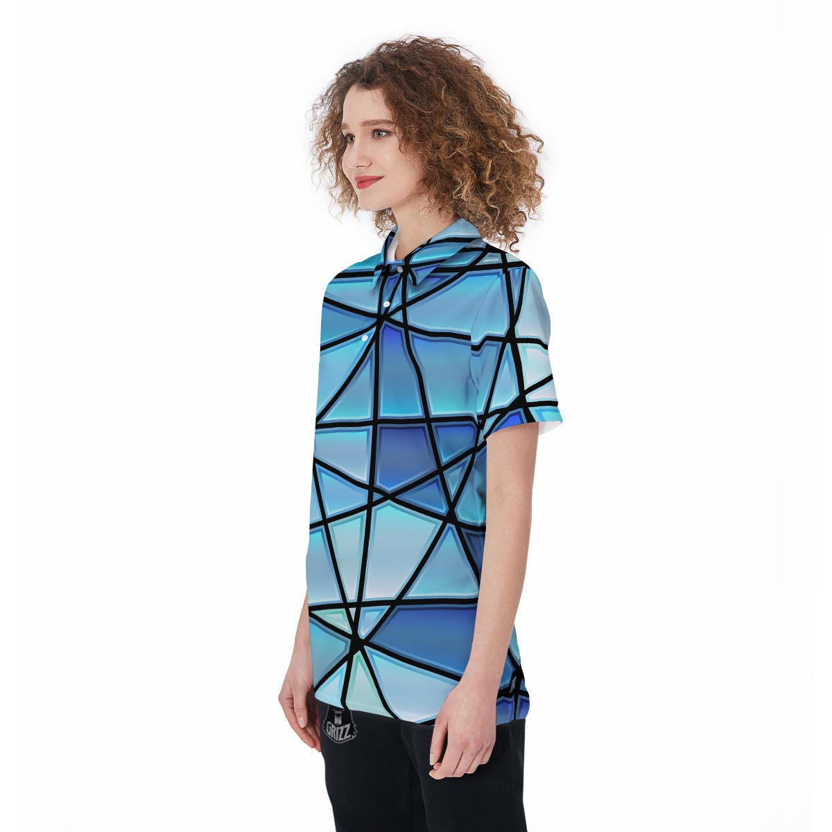 Stained Glass Mosaic Teal Print Women's Golf Shirts-grizzshop