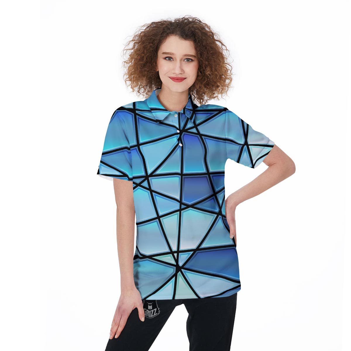 Stained Glass Mosaic Teal Print Women's Golf Shirts-grizzshop