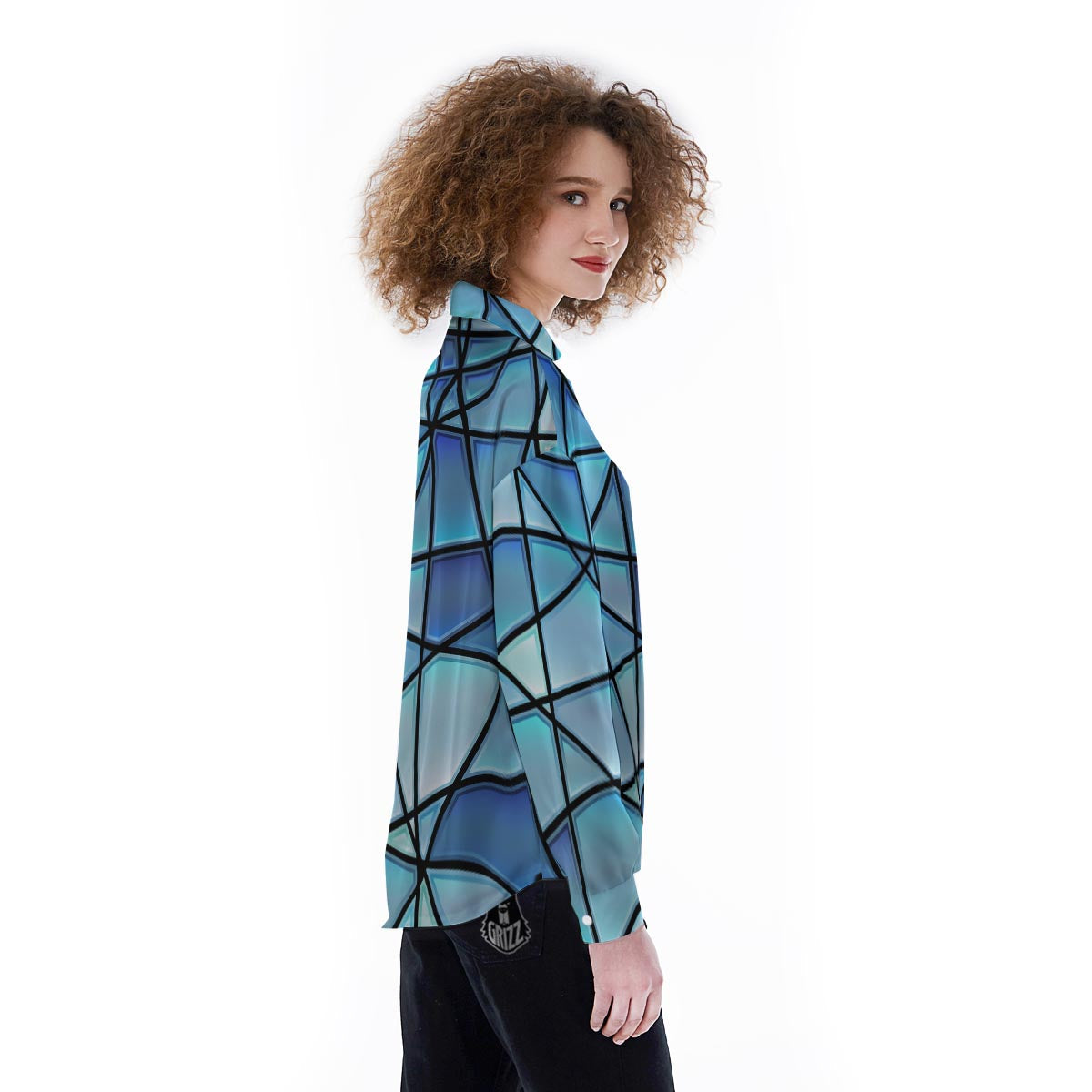 Stained Glass Mosaic Teal Print Women's Long Sleeve Shirts-grizzshop