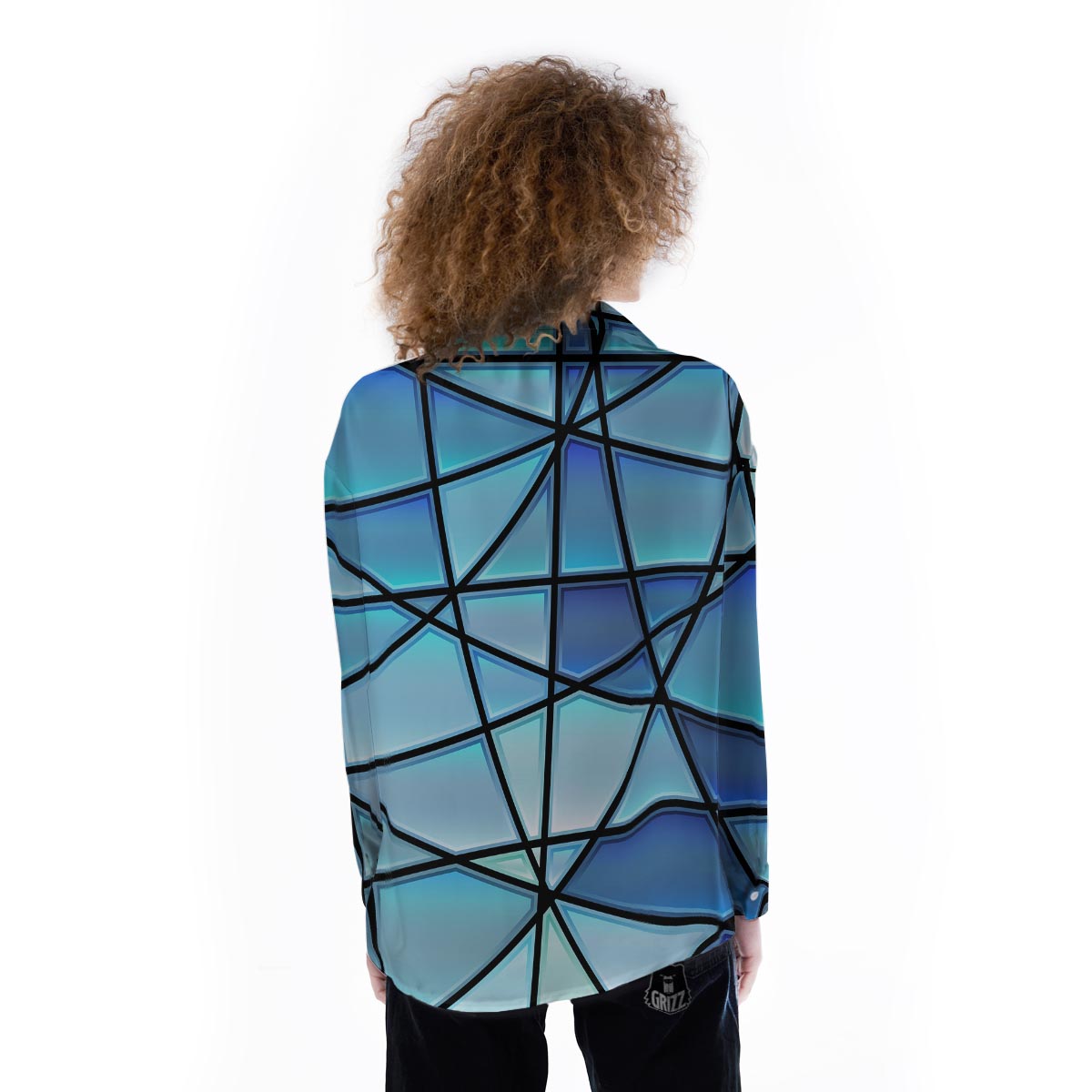 Stained Glass Mosaic Teal Print Women's Long Sleeve Shirts-grizzshop