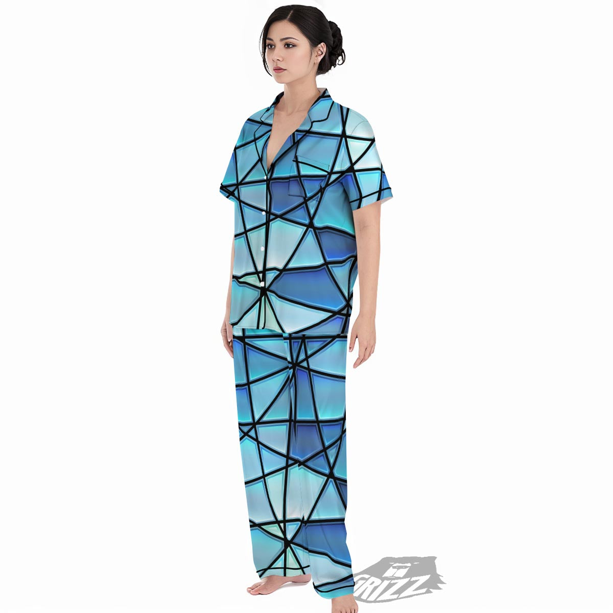 Stained Glass Mosaic Teal Print Women's Pajamas Set-grizzshop