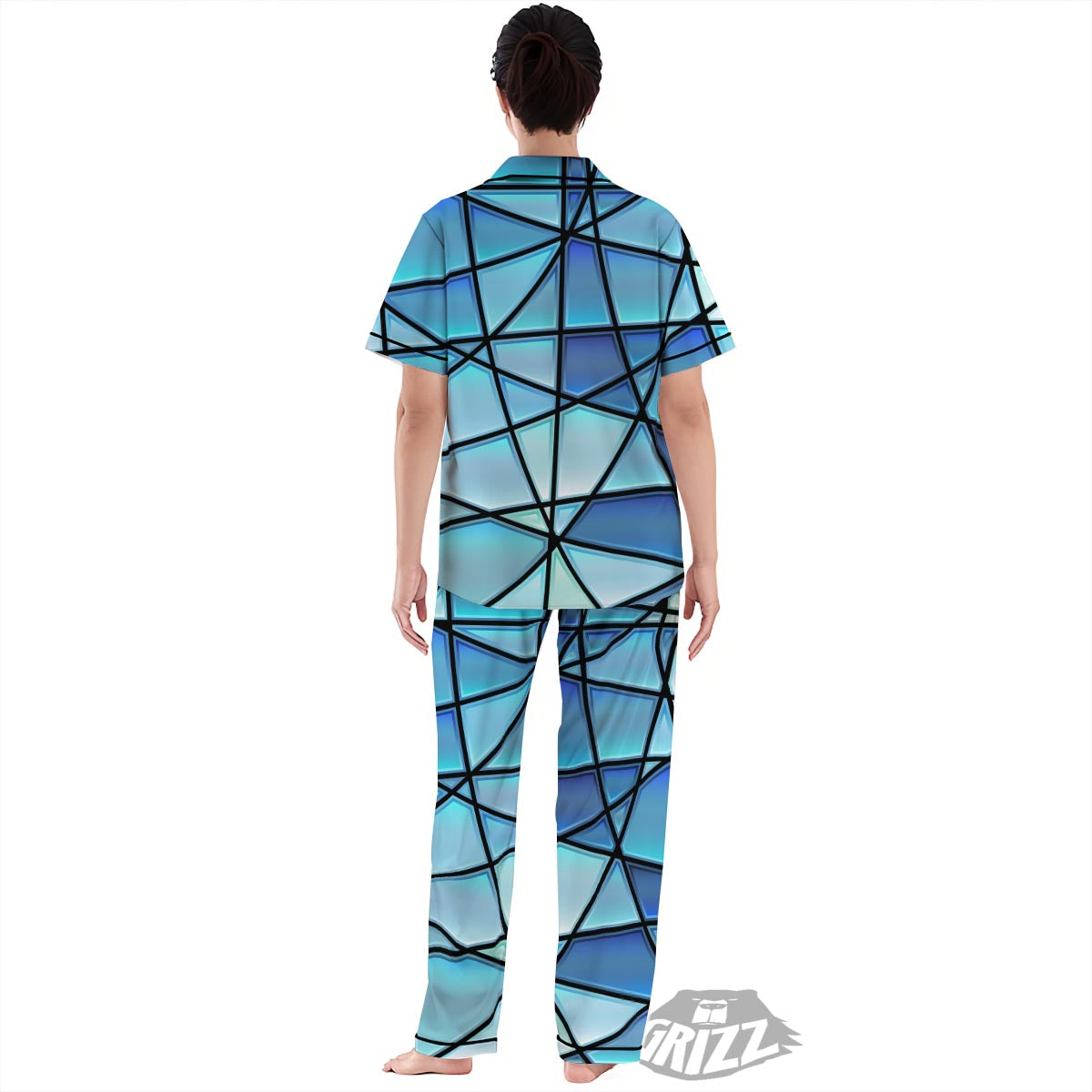 Stained Glass Mosaic Teal Print Women's Pajamas Set-grizzshop