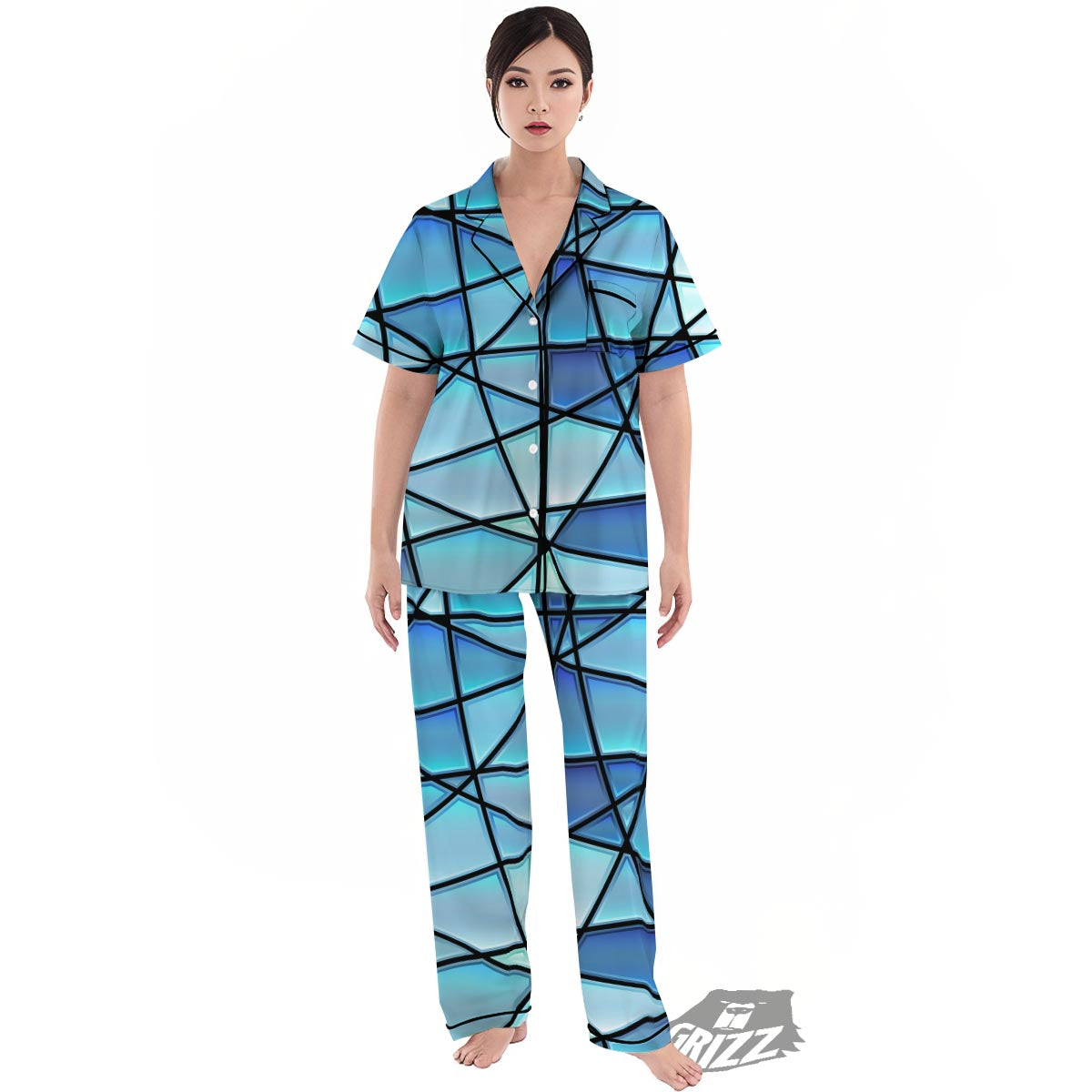 Stained Glass Mosaic Teal Print Women's Pajamas Set-grizzshop