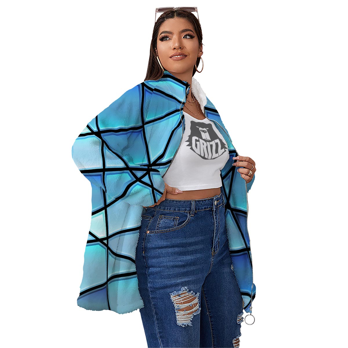 Stained Glass Mosaic Teal Print Women's Sherpa Jacket-grizzshop