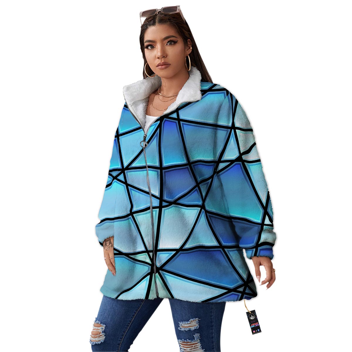 Stained Glass Mosaic Teal Print Women's Sherpa Jacket-grizzshop