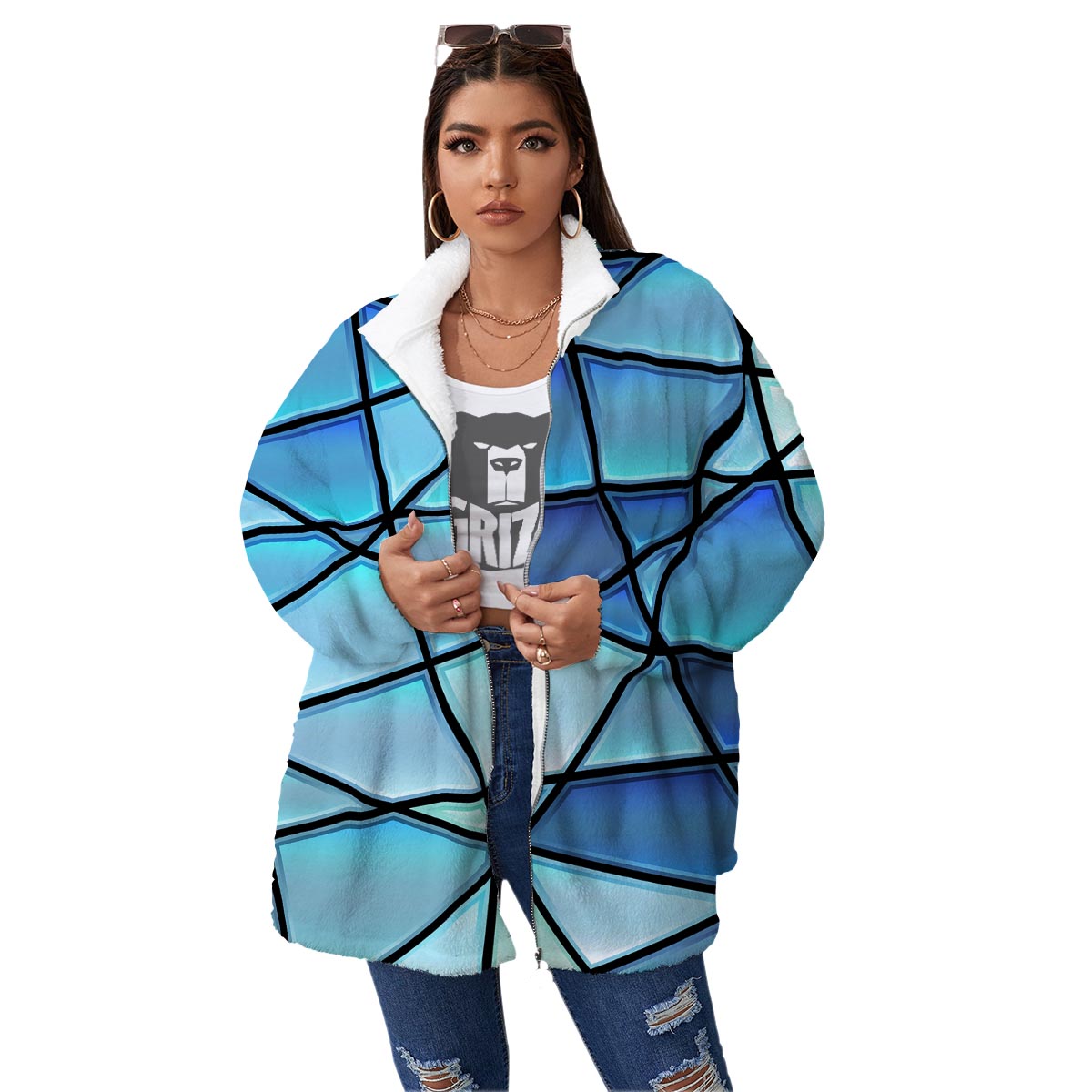 Stained Glass Mosaic Teal Print Women's Sherpa Jacket-grizzshop