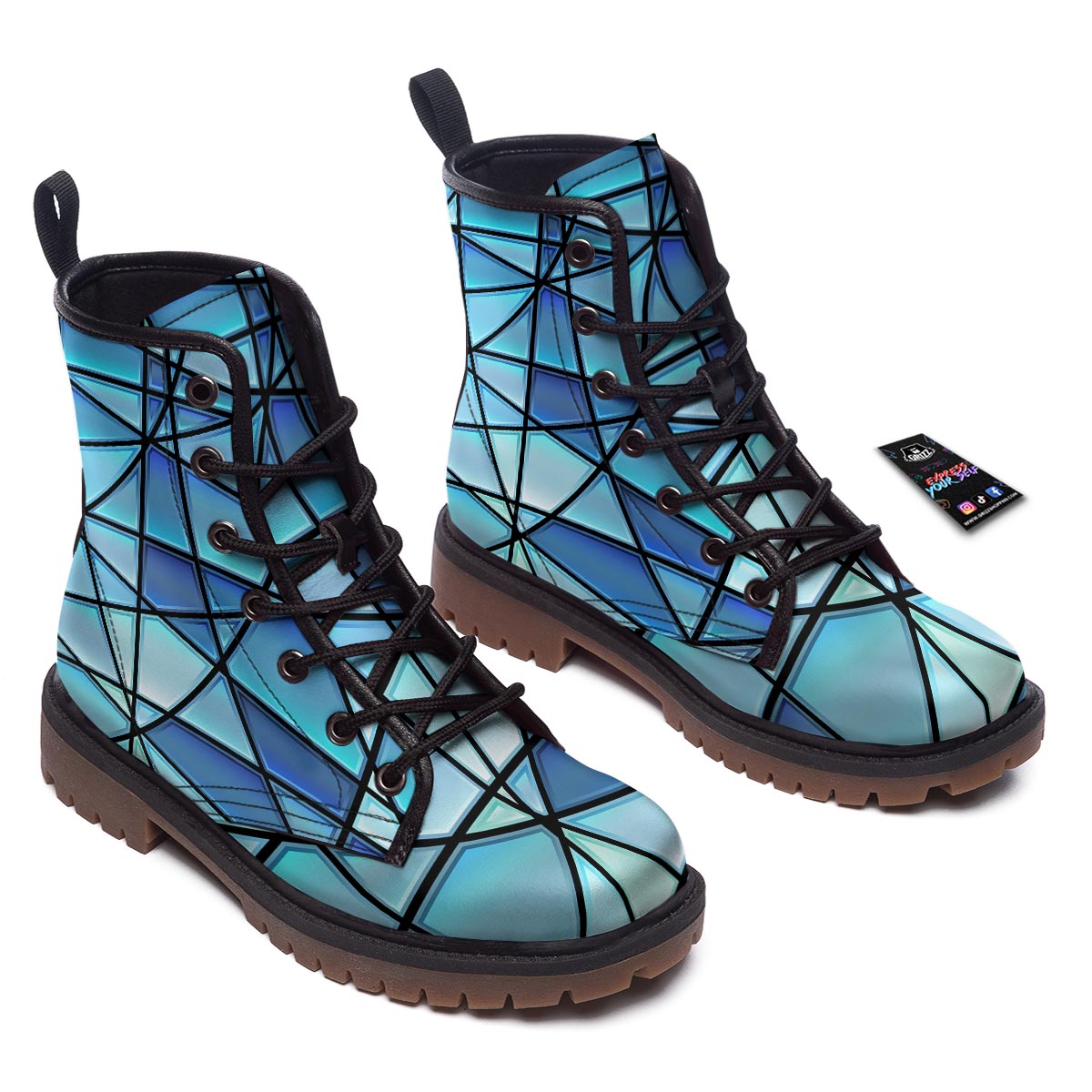 Stained Glass Mosaic Teal Print Work Boots-grizzshop
