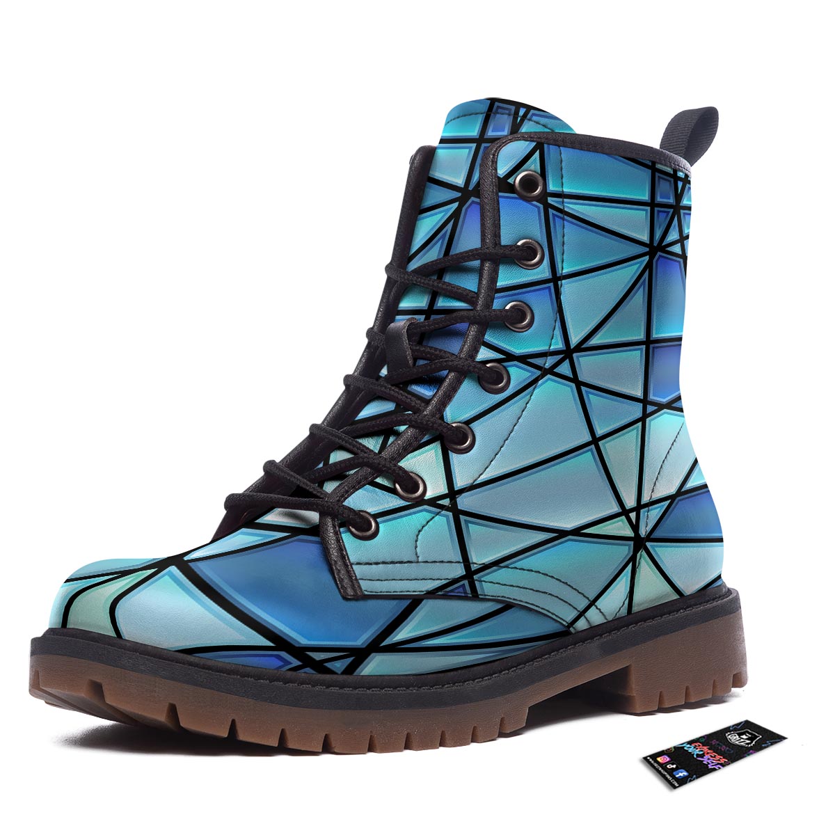 Stained Glass Mosaic Teal Print Work Boots-grizzshop