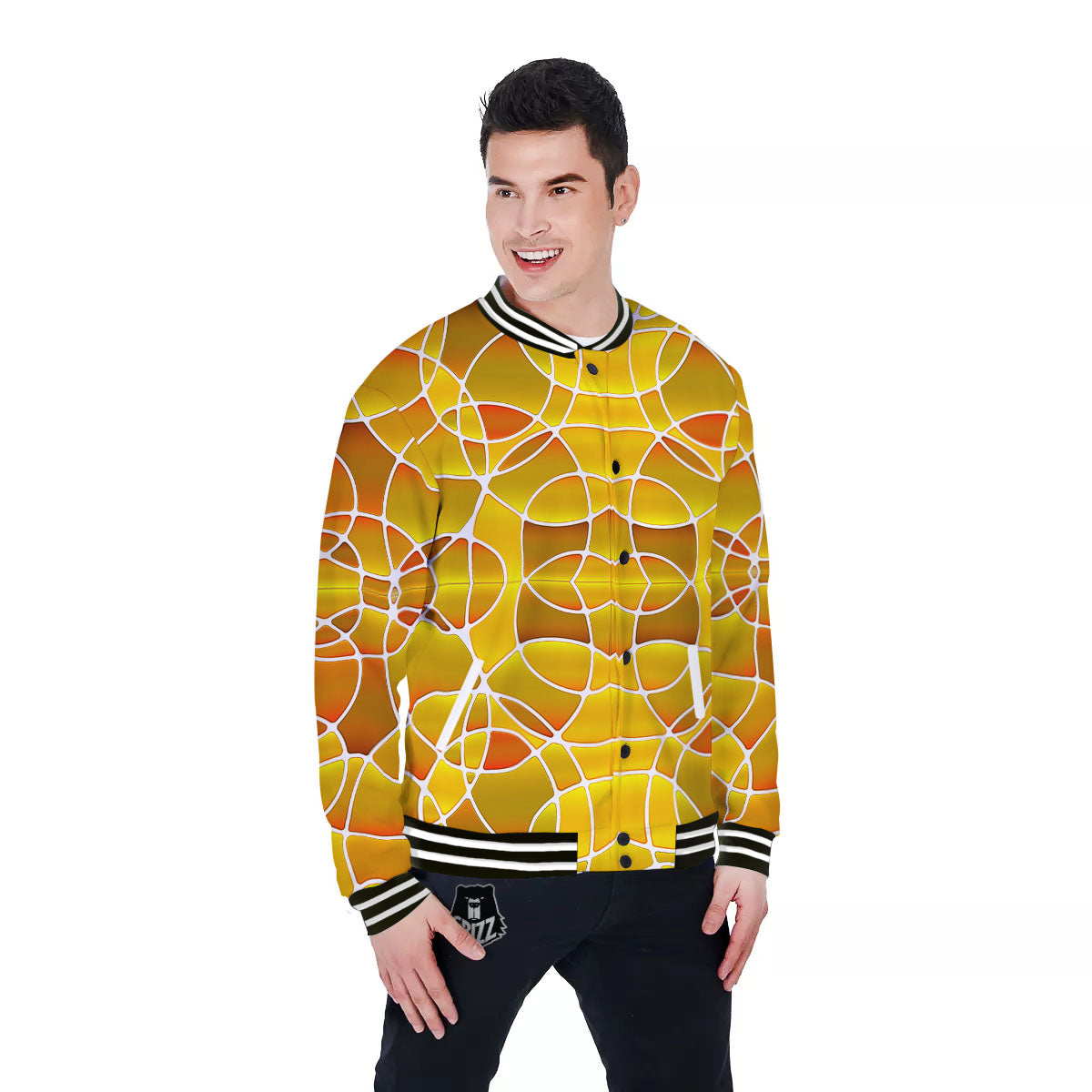 Stained Glass Mosaic Yellow Print Pattern Baseball Jacket-grizzshop