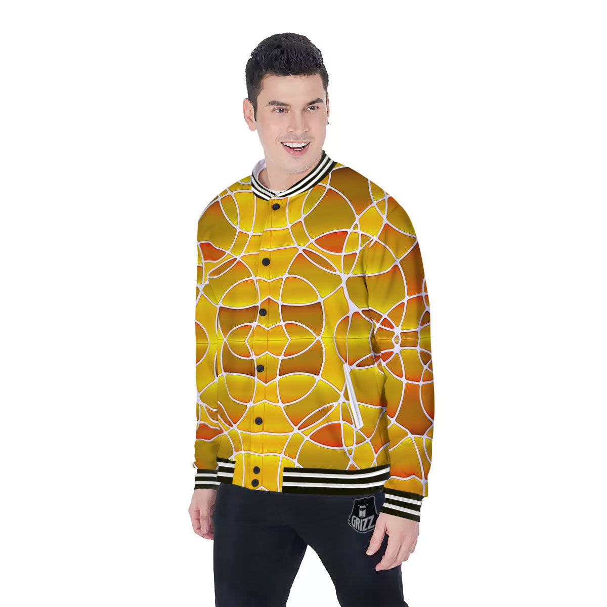 Stained Glass Mosaic Yellow Print Pattern Baseball Jacket-grizzshop