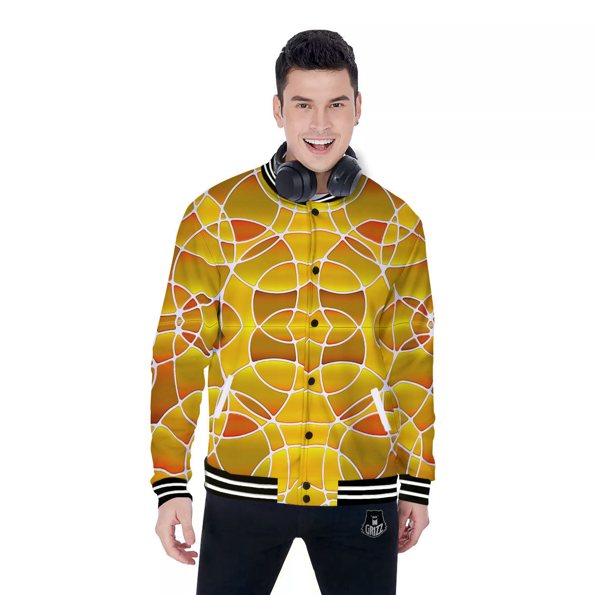 Stained Glass Mosaic Yellow Print Pattern Baseball Jacket-grizzshop