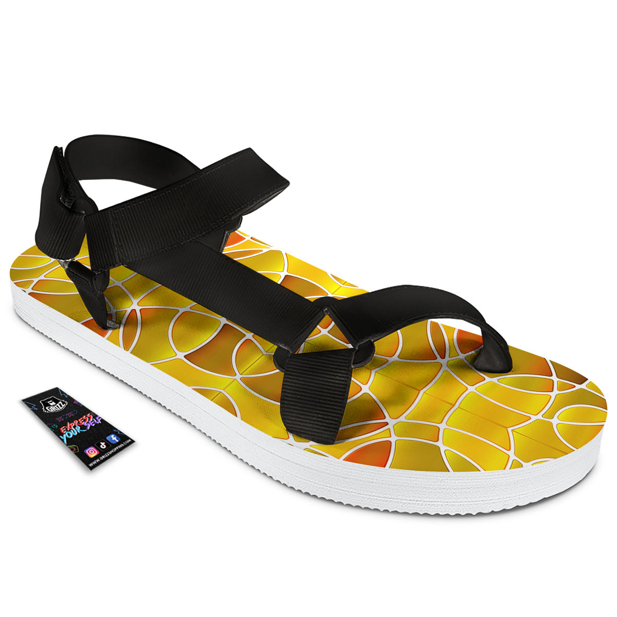 Stained Glass Mosaic Yellow Print Pattern Black Open Toe Sandals-grizzshop
