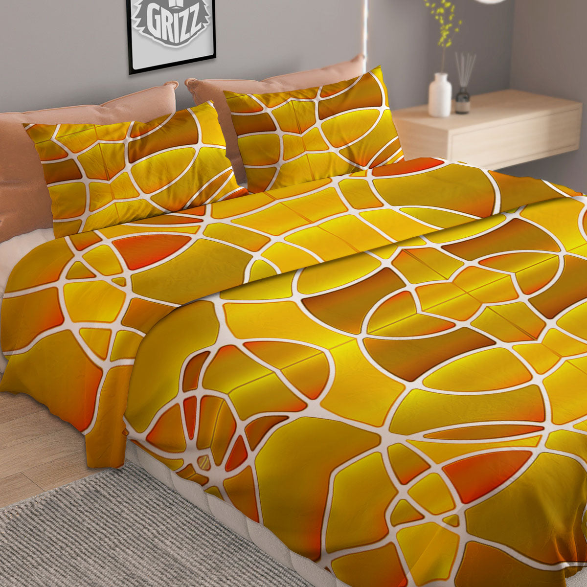 Stained Glass Mosaic Yellow Print Pattern Duvet Cover Bedding Set