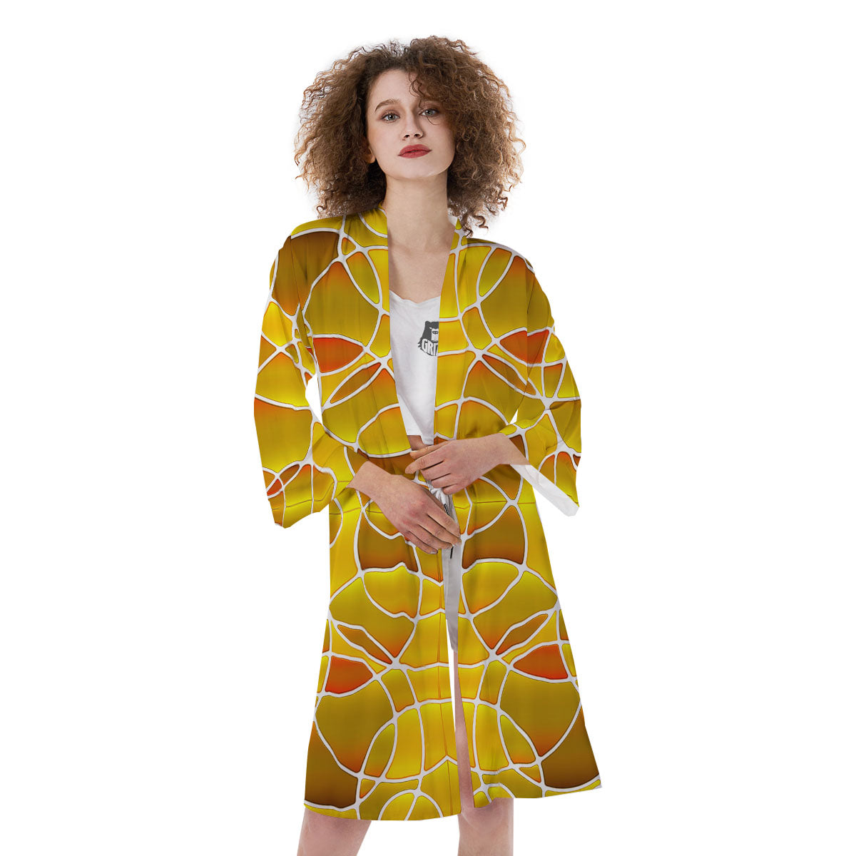 Stained Glass Mosaic Yellow Print Pattern Kimono-grizzshop