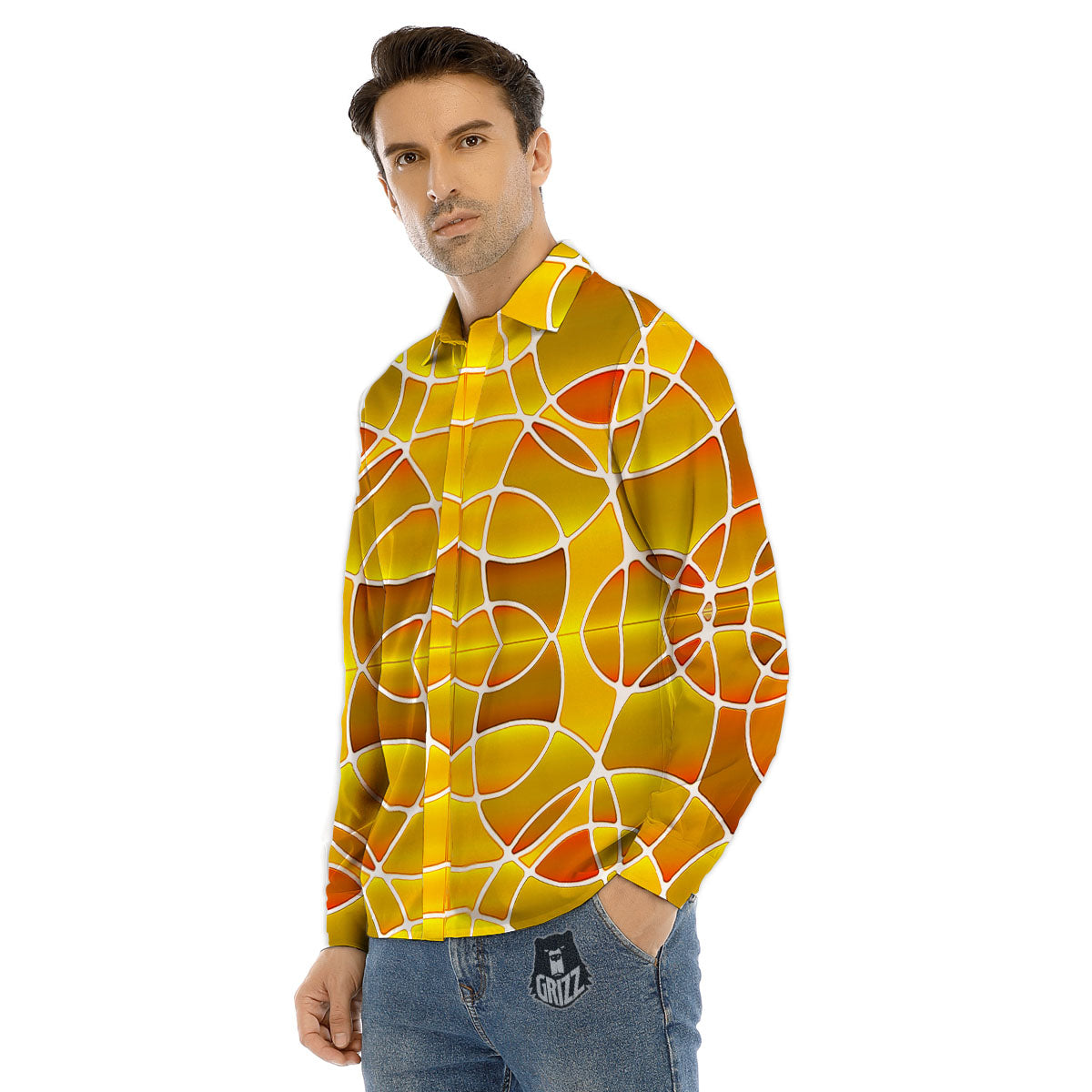 Stained Glass Mosaic Yellow Print Pattern Men's Dress Shirts-grizzshop