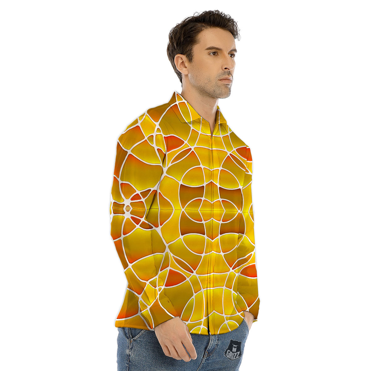 Stained Glass Mosaic Yellow Print Pattern Men's Dress Shirts-grizzshop