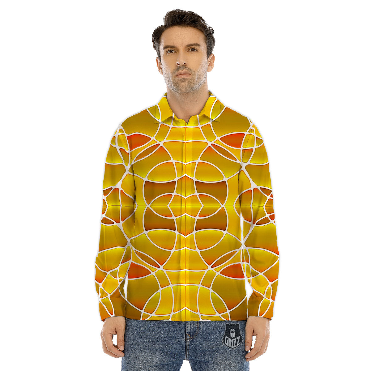 Stained Glass Mosaic Yellow Print Pattern Men's Dress Shirts-grizzshop