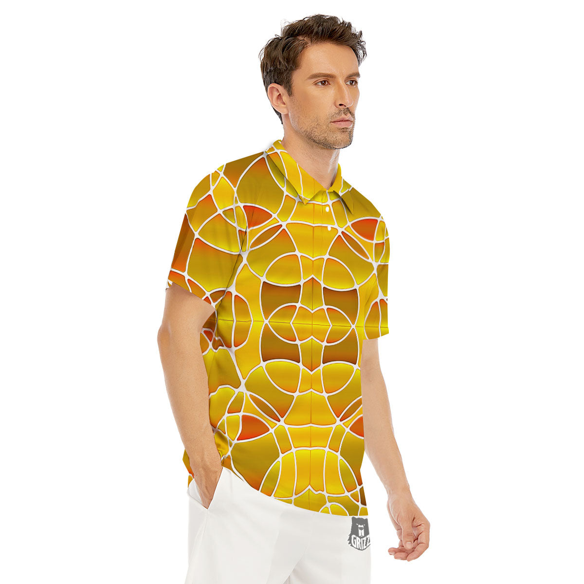 Stained Glass Mosaic Yellow Print Pattern Men's Golf Shirts-grizzshop