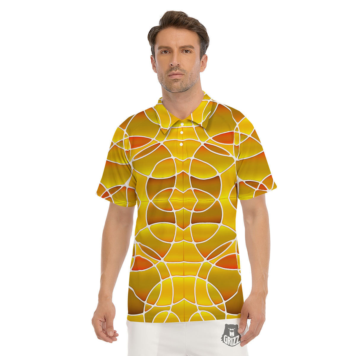 Stained Glass Mosaic Yellow Print Pattern Men's Golf Shirts-grizzshop