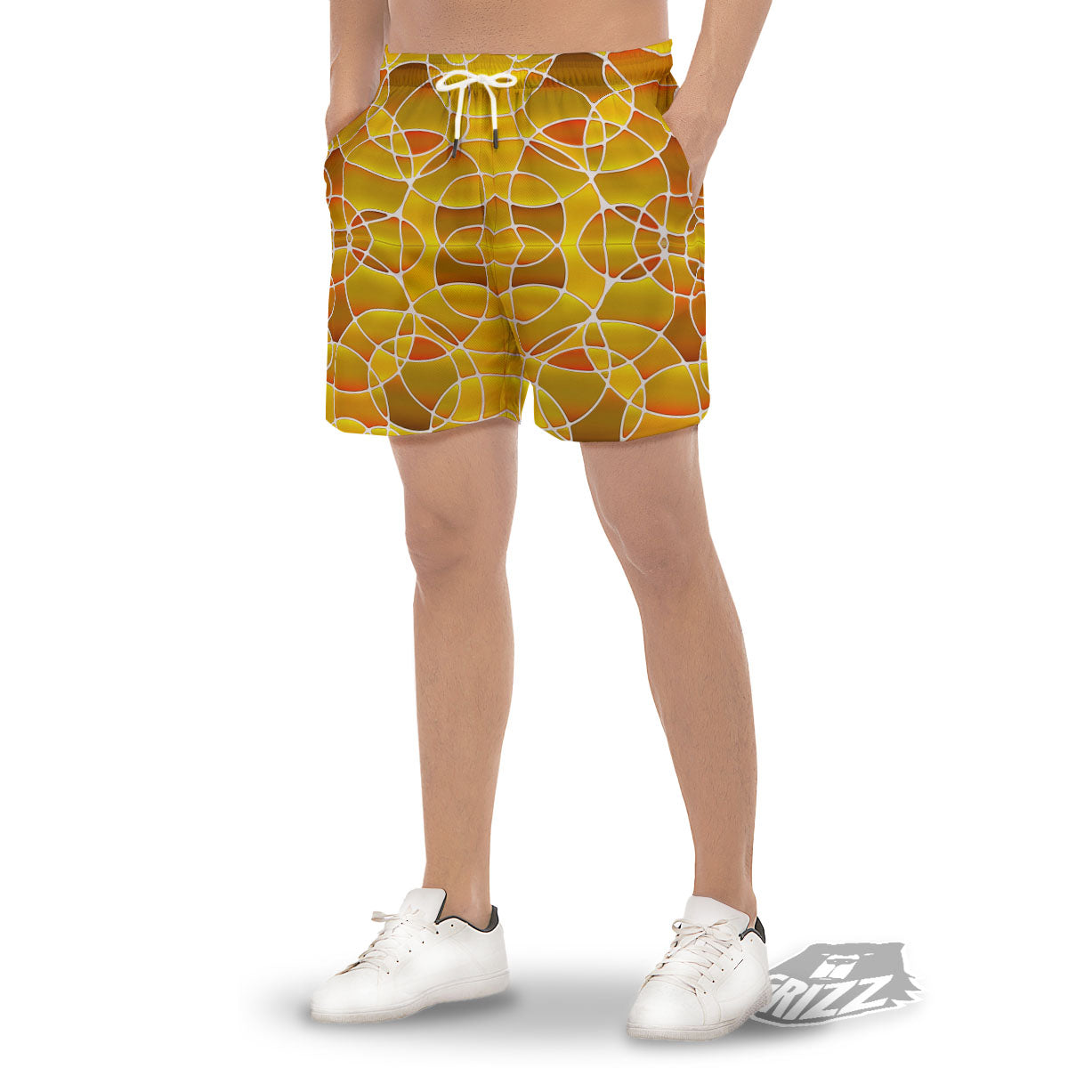 Stained Glass Mosaic Yellow Print Pattern Men's Gym Shorts-grizzshop