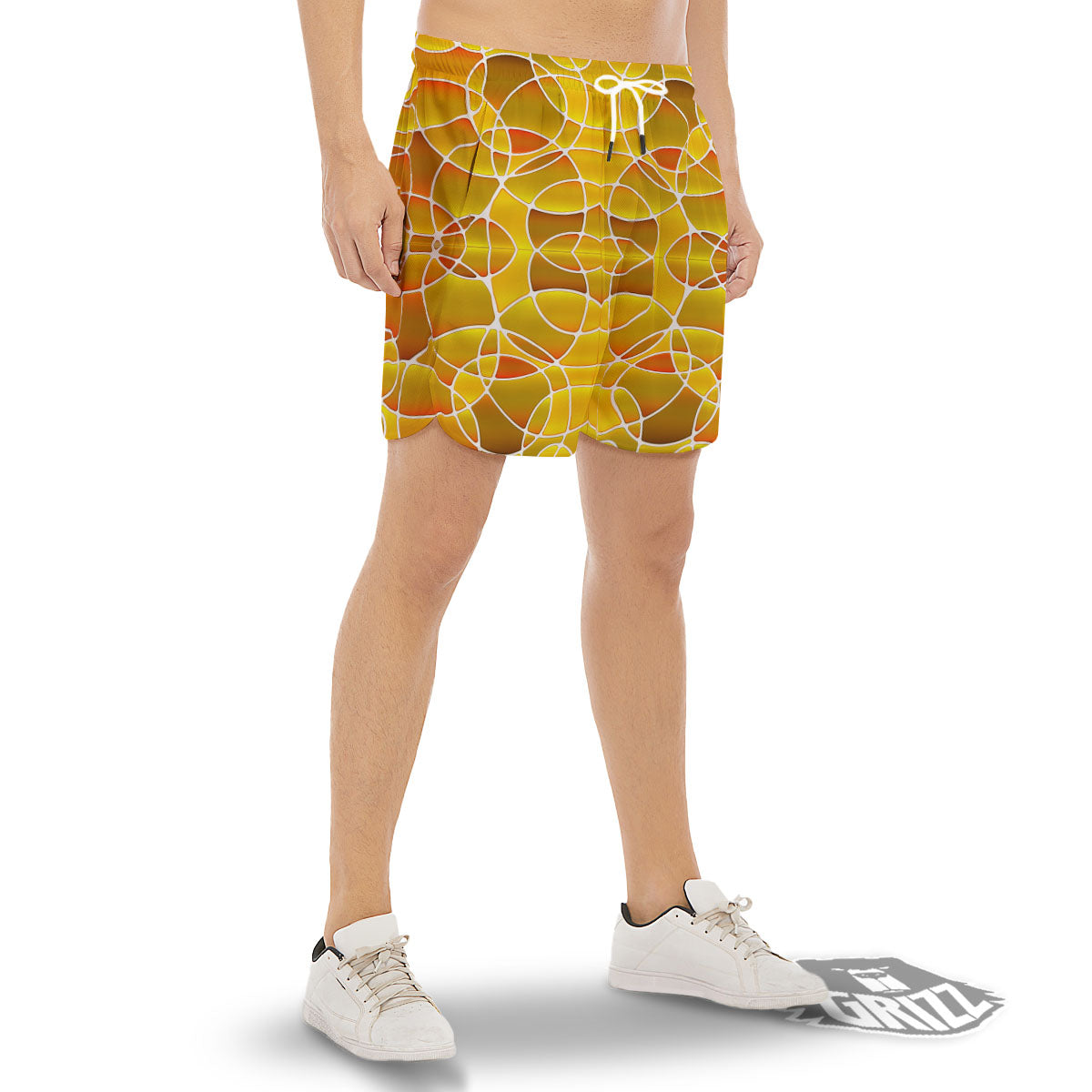 Stained Glass Mosaic Yellow Print Pattern Men's Gym Shorts-grizzshop