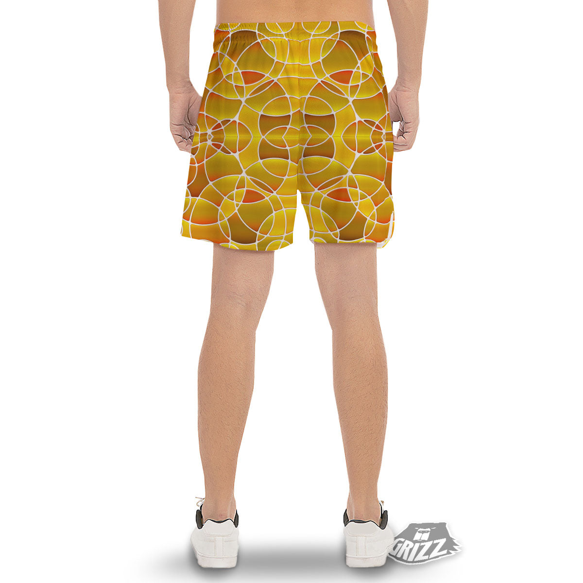 Stained Glass Mosaic Yellow Print Pattern Men's Gym Shorts-grizzshop