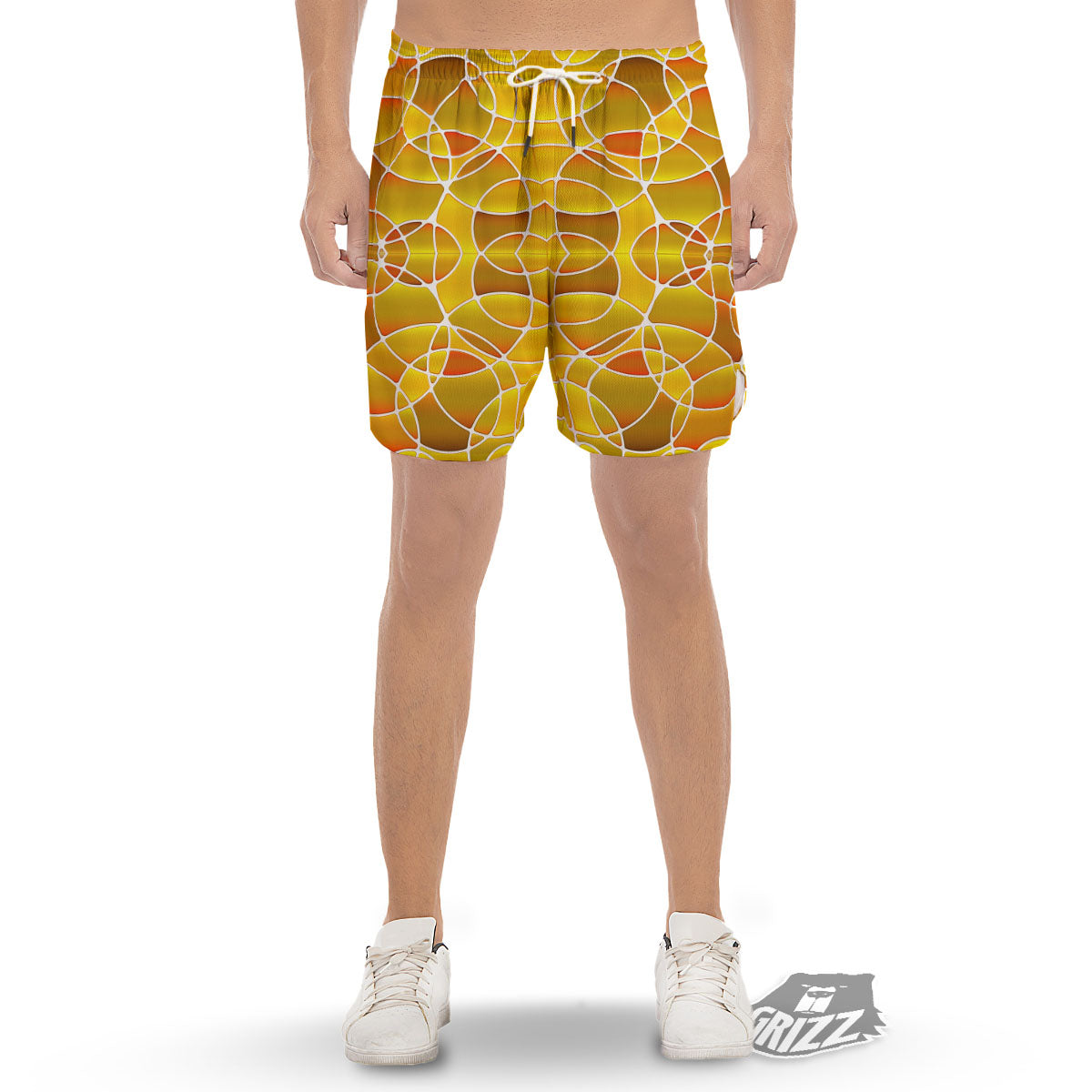Stained Glass Mosaic Yellow Print Pattern Men's Gym Shorts-grizzshop