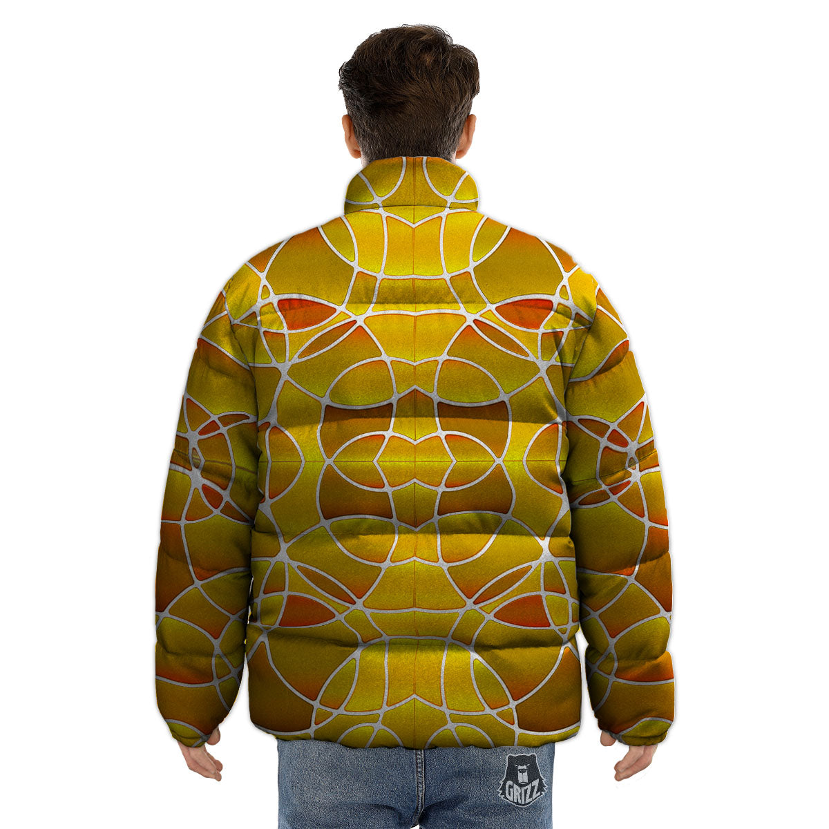 Stained Glass Mosaic Yellow Print Pattern Puffer Jacket-grizzshop