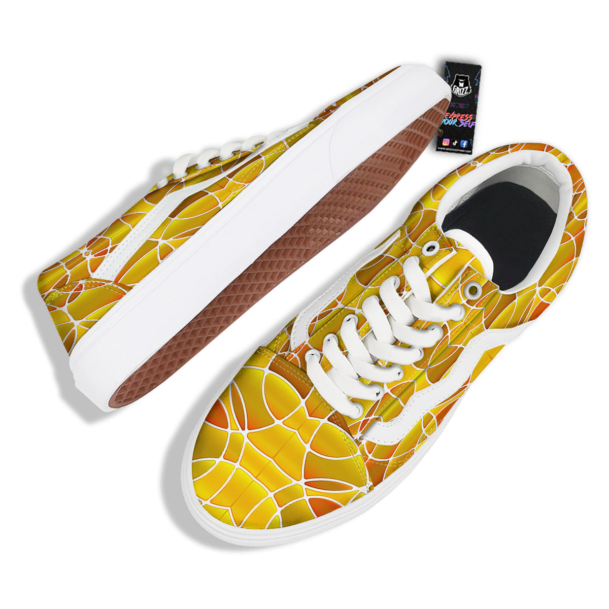 Stained Glass Mosaic Yellow Print Pattern Skate Shoes-grizzshop