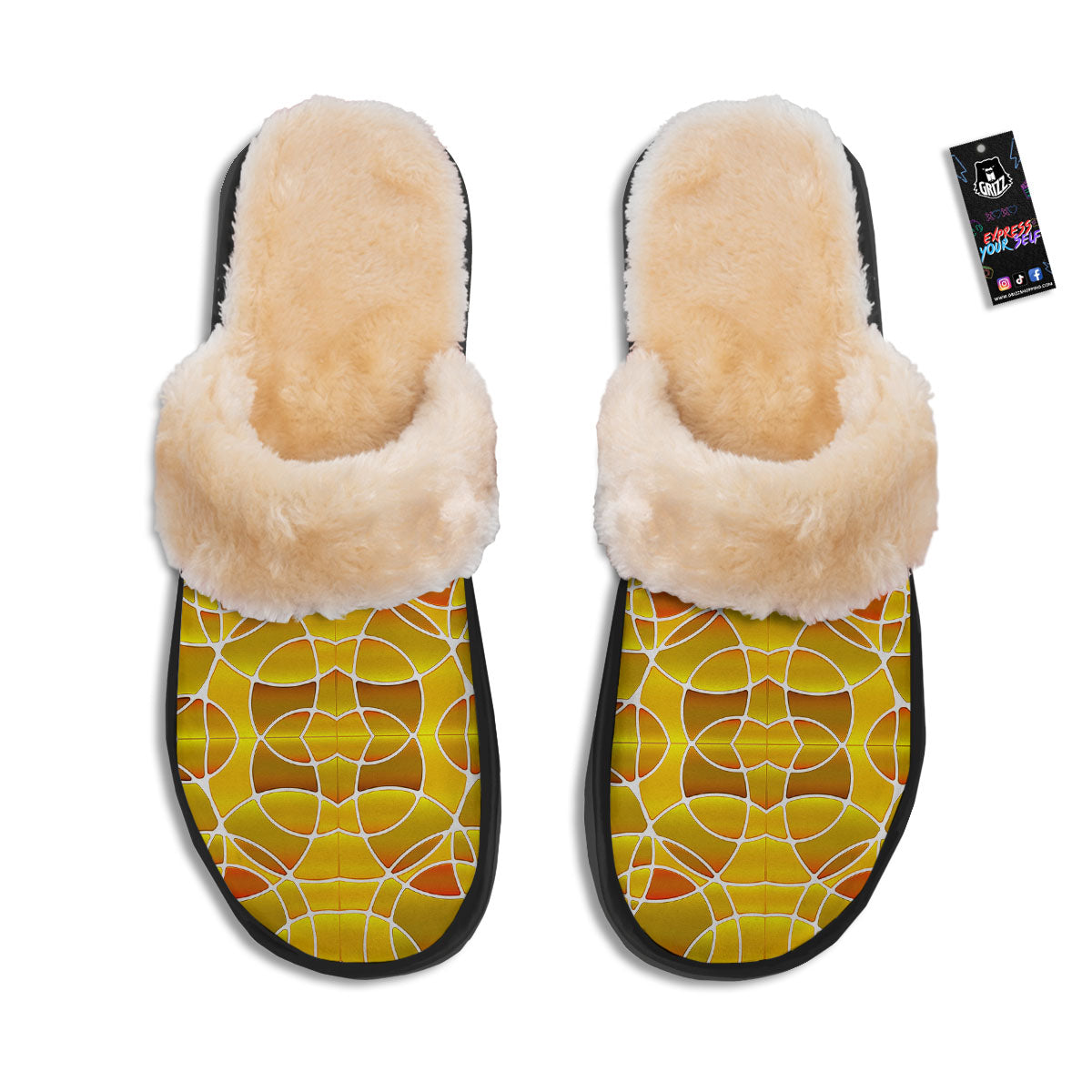 Stained Glass Mosaic Yellow Print Pattern Slippers-grizzshop