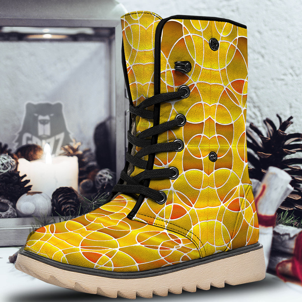 Stained Glass Mosaic Yellow Print Pattern Snow Boots-grizzshop