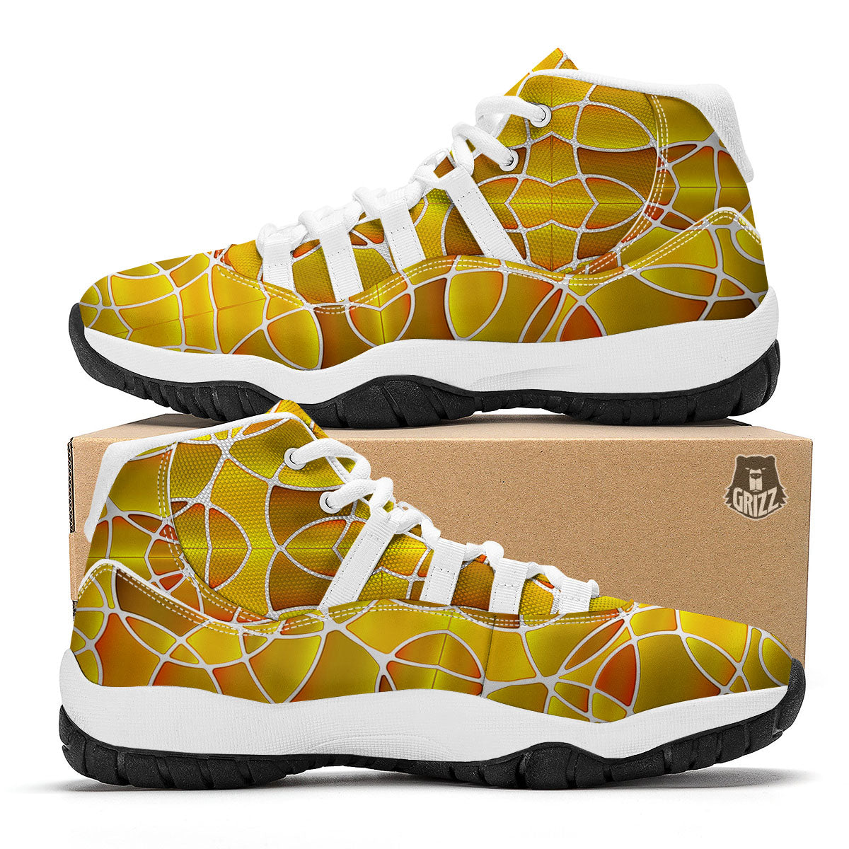 Stained Glass Mosaic Yellow Print Pattern White Bball Shoes-grizzshop