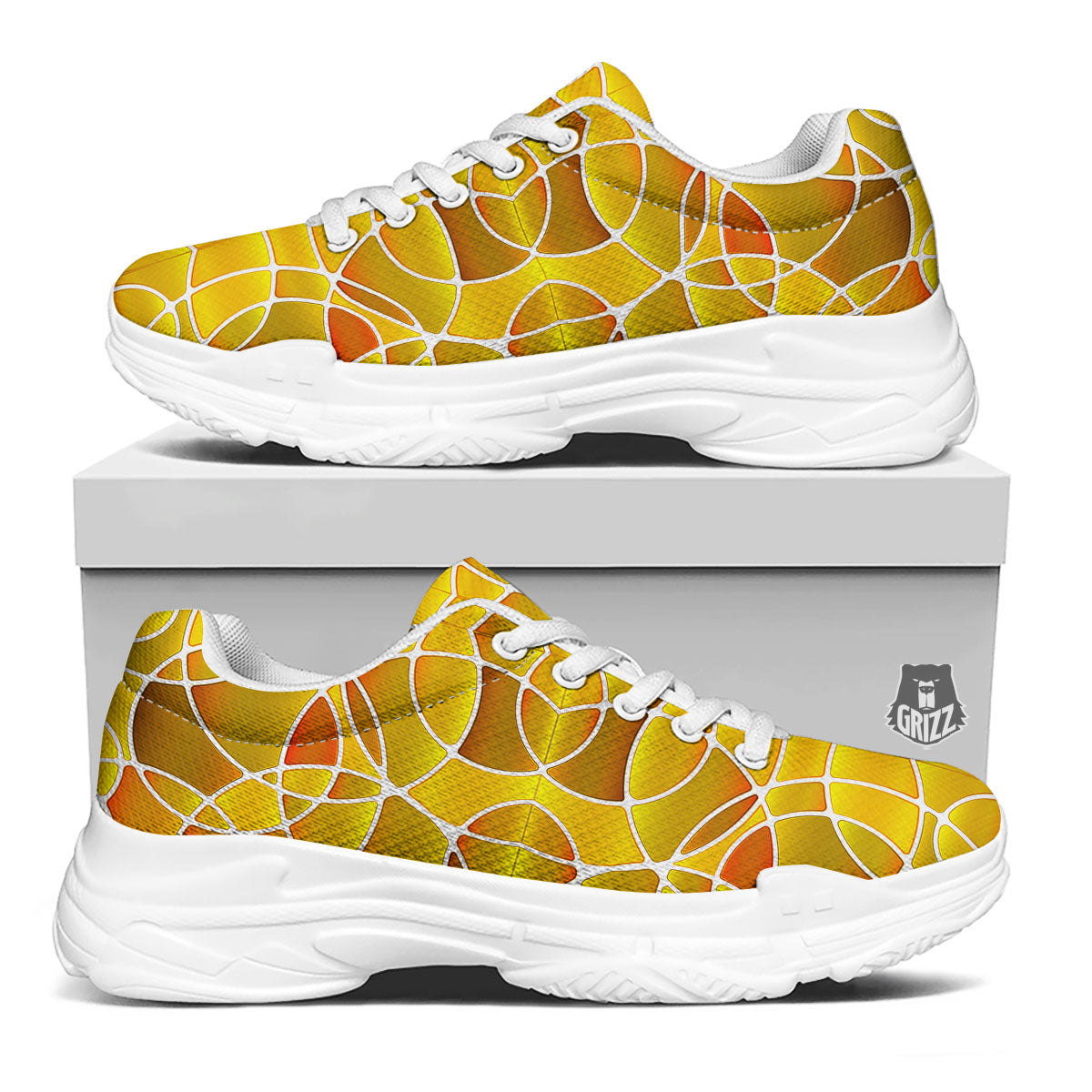 Stained Glass Mosaic Yellow Print Pattern White Chunky Shoes-grizzshop