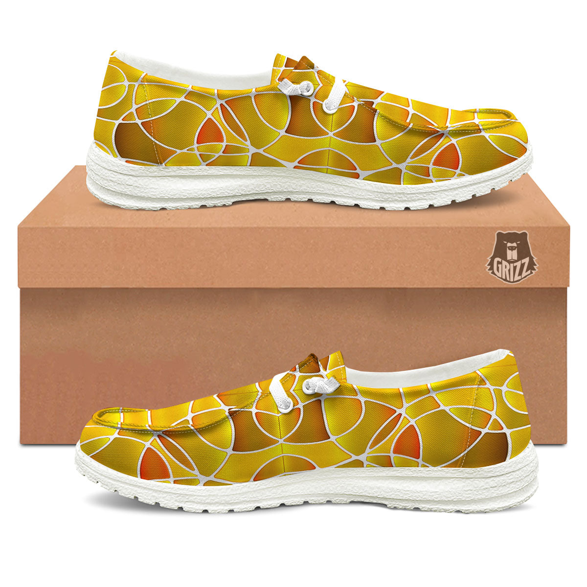 Stained Glass Mosaic Yellow Print Pattern White Loafers-grizzshop