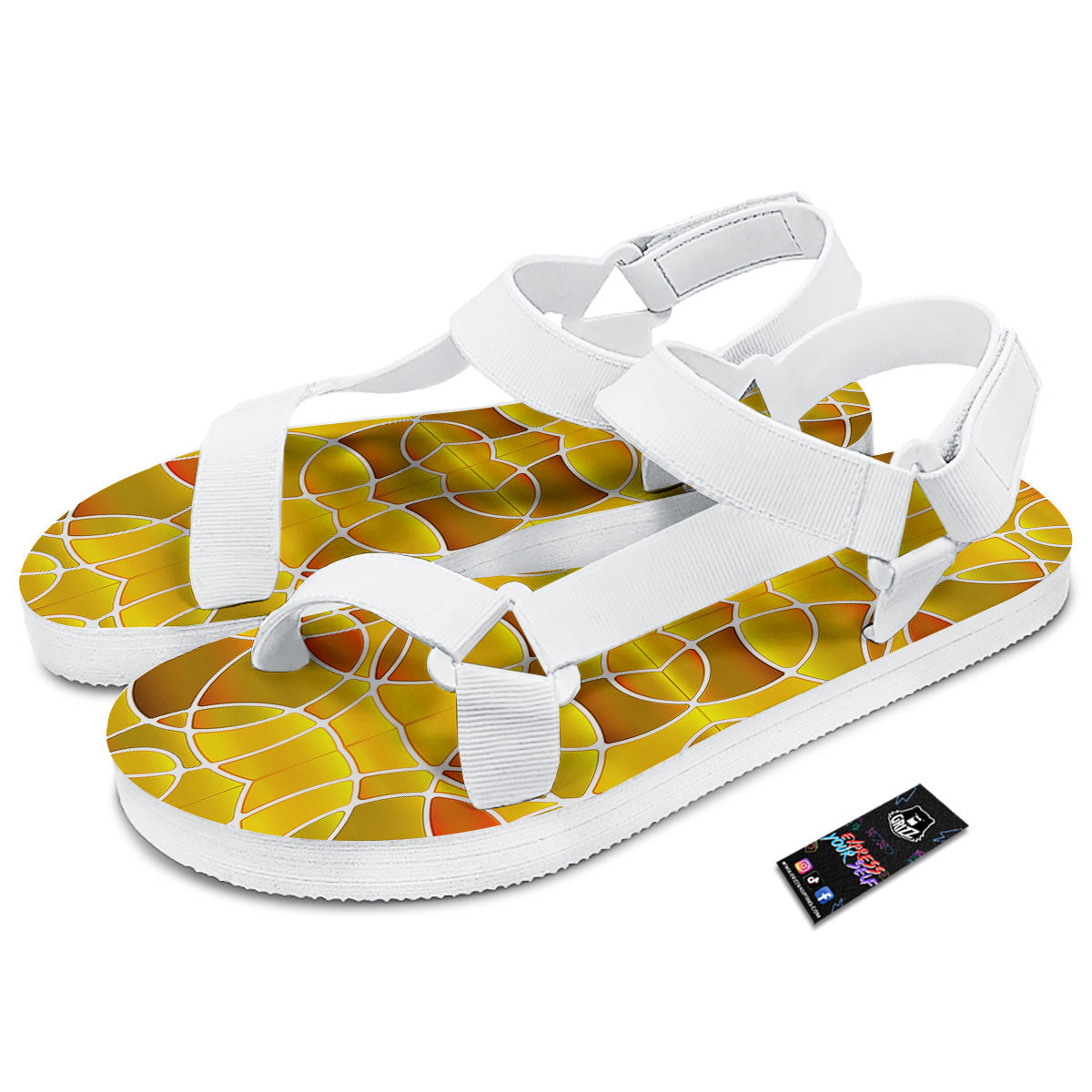 Stained Glass Mosaic Yellow Print Pattern White Open Toe Sandals-grizzshop