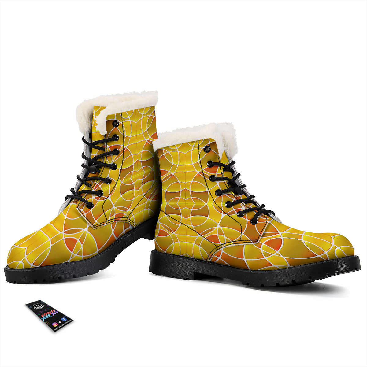 Stained Glass Mosaic Yellow Print Pattern Winter Boots-grizzshop