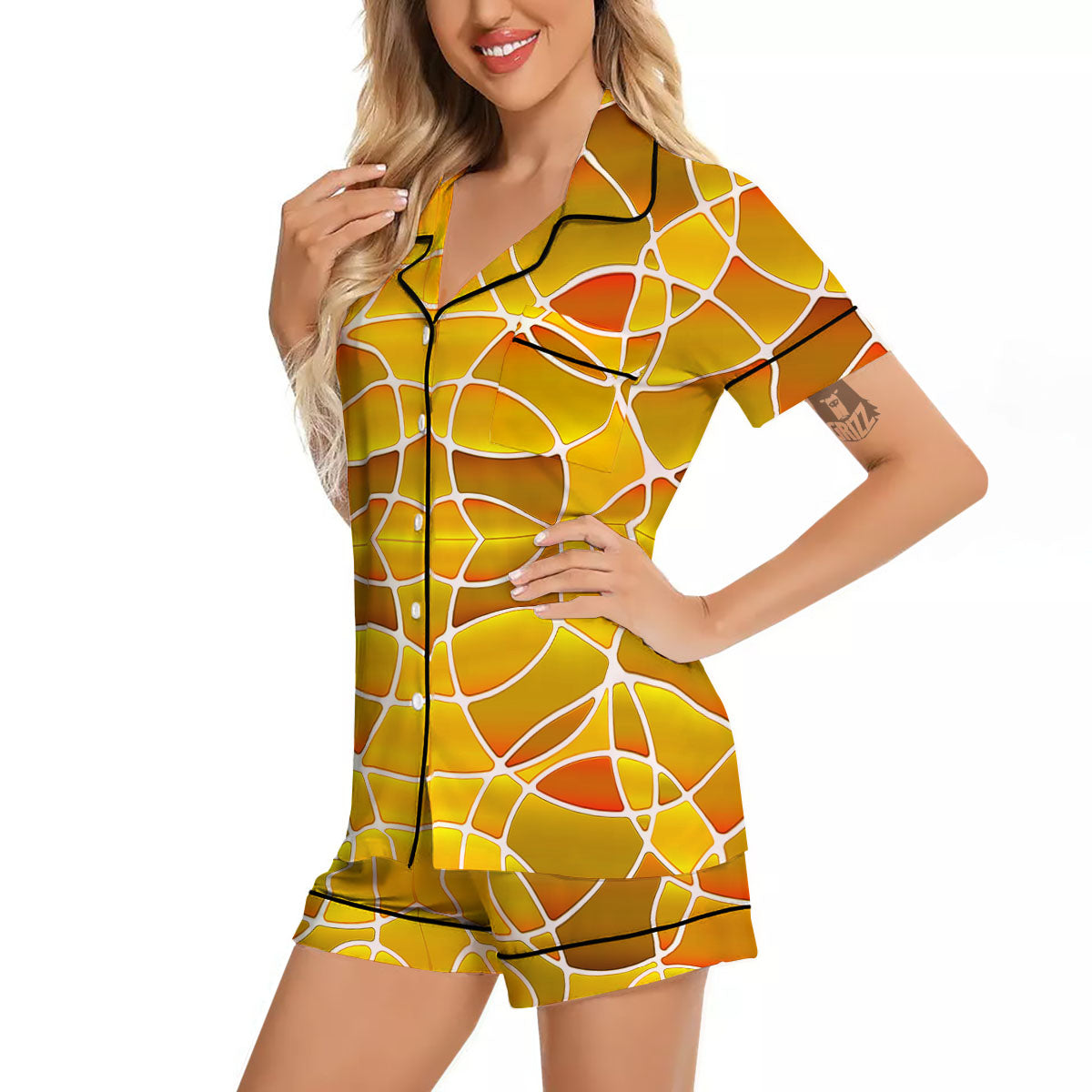 Stained Glass Mosaic Yellow Print Pattern Women Silk Pajamas-grizzshop