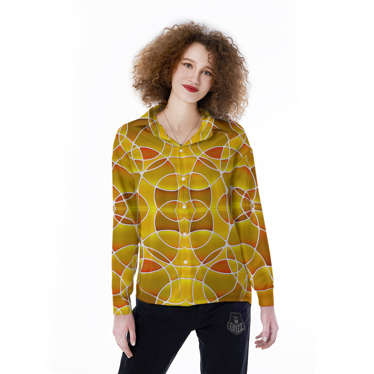 Stained Glass Mosaic Yellow Print Pattern Women's Long Sleeve Shirts-grizzshop