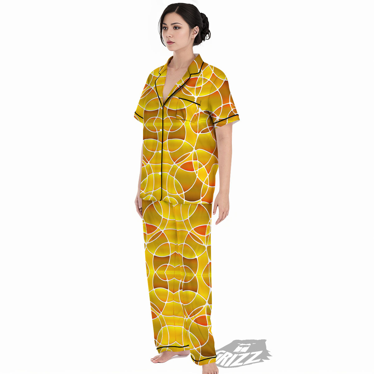 Stained Glass Mosaic Yellow Print Pattern Women's Pajamas Set-grizzshop
