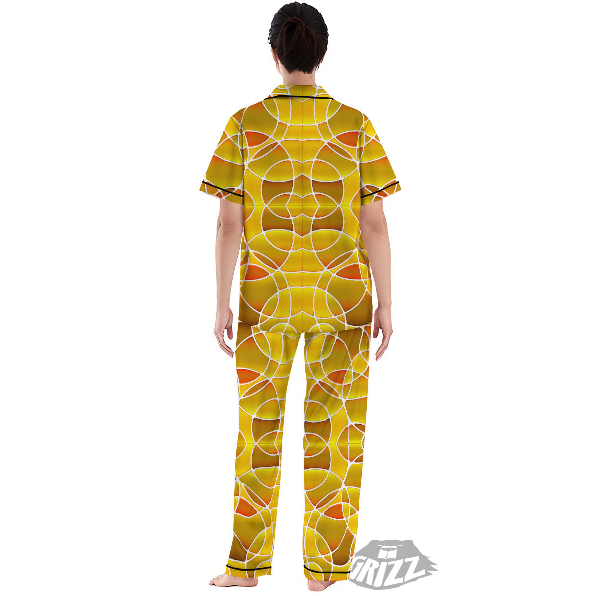Stained Glass Mosaic Yellow Print Pattern Women's Pajamas Set-grizzshop