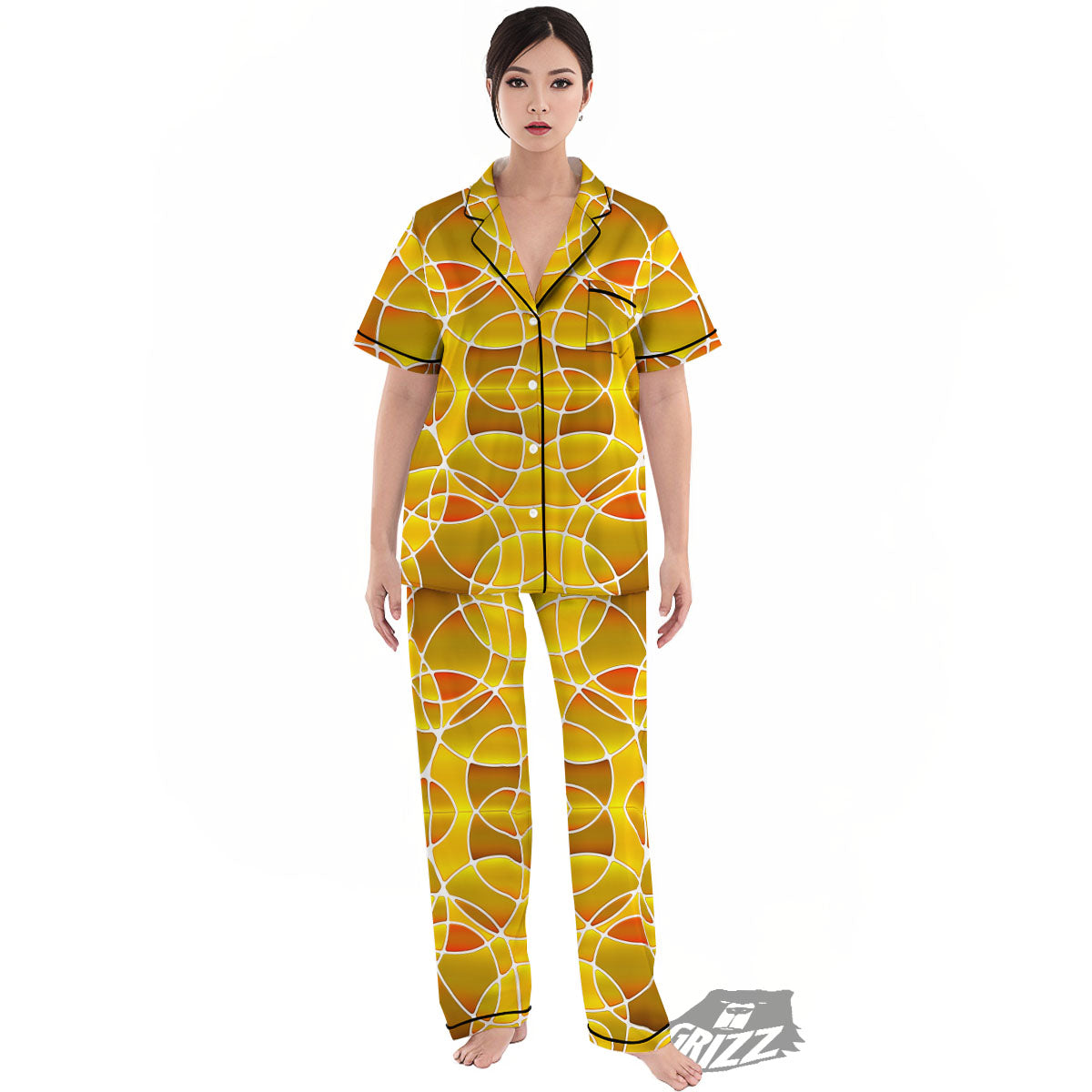 Stained Glass Mosaic Yellow Print Pattern Women's Pajamas Set-grizzshop