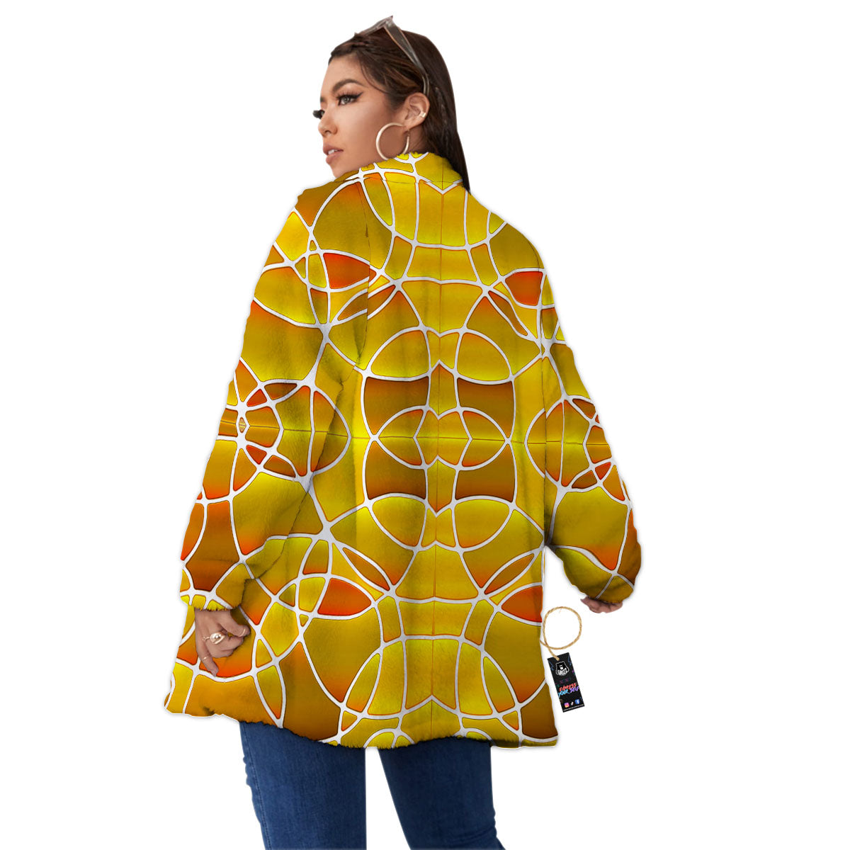 Stained Glass Mosaic Yellow Print Pattern Women's Sherpa Jacket-grizzshop