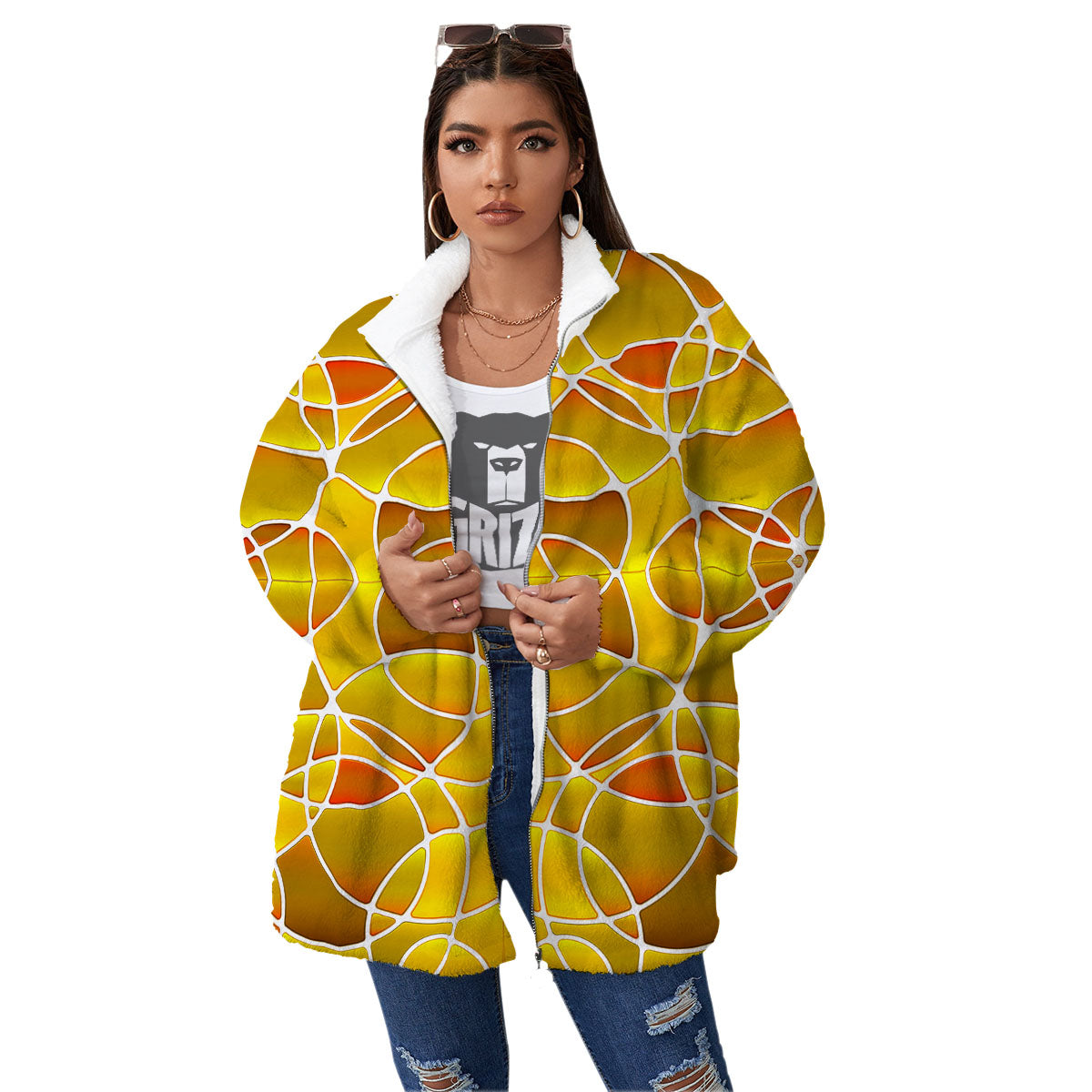 Stained Glass Mosaic Yellow Print Pattern Women's Sherpa Jacket-grizzshop