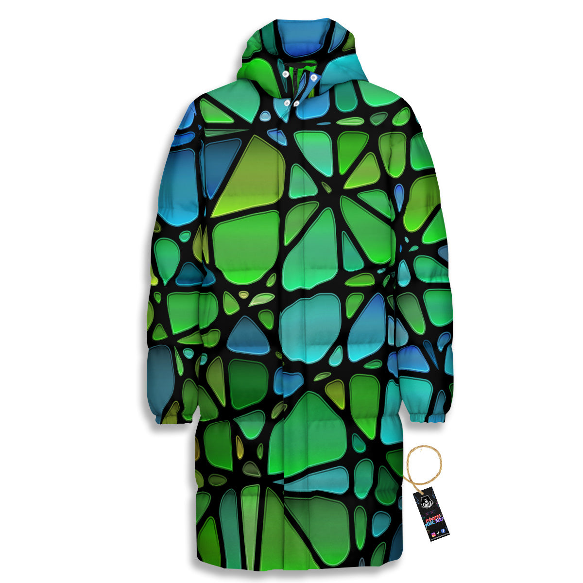 Stained Glass Green And Blue Print Long Down Jacket