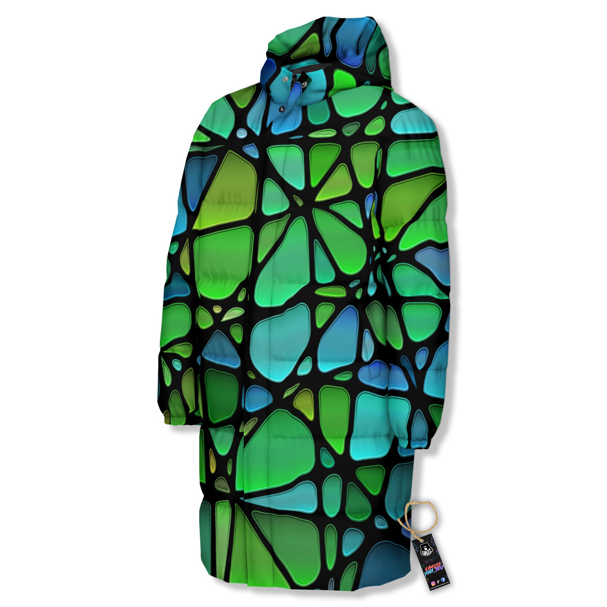 Stained Glass Green And Blue Print Long Down Jacket