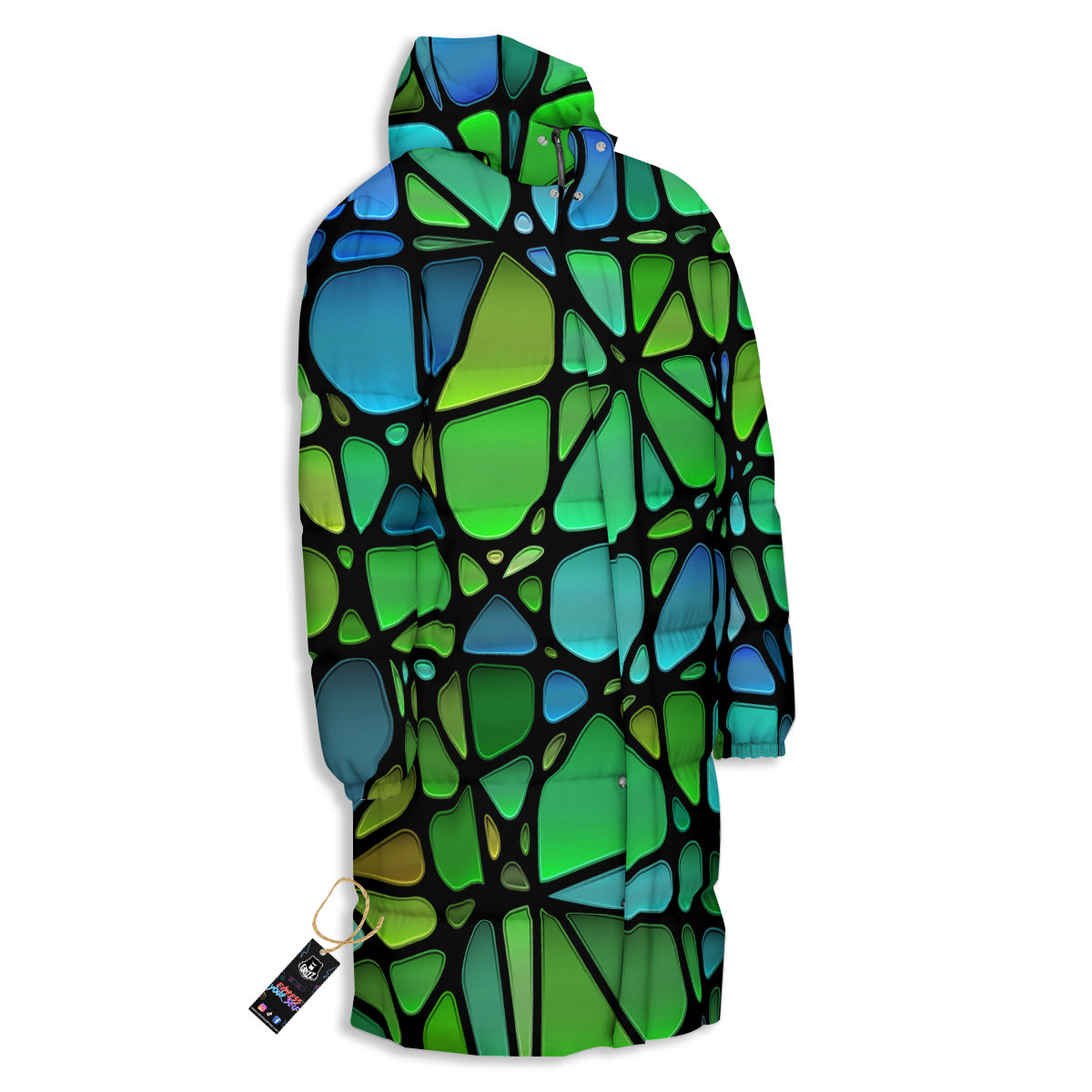 Stained Glass Green And Blue Print Long Down Jacket