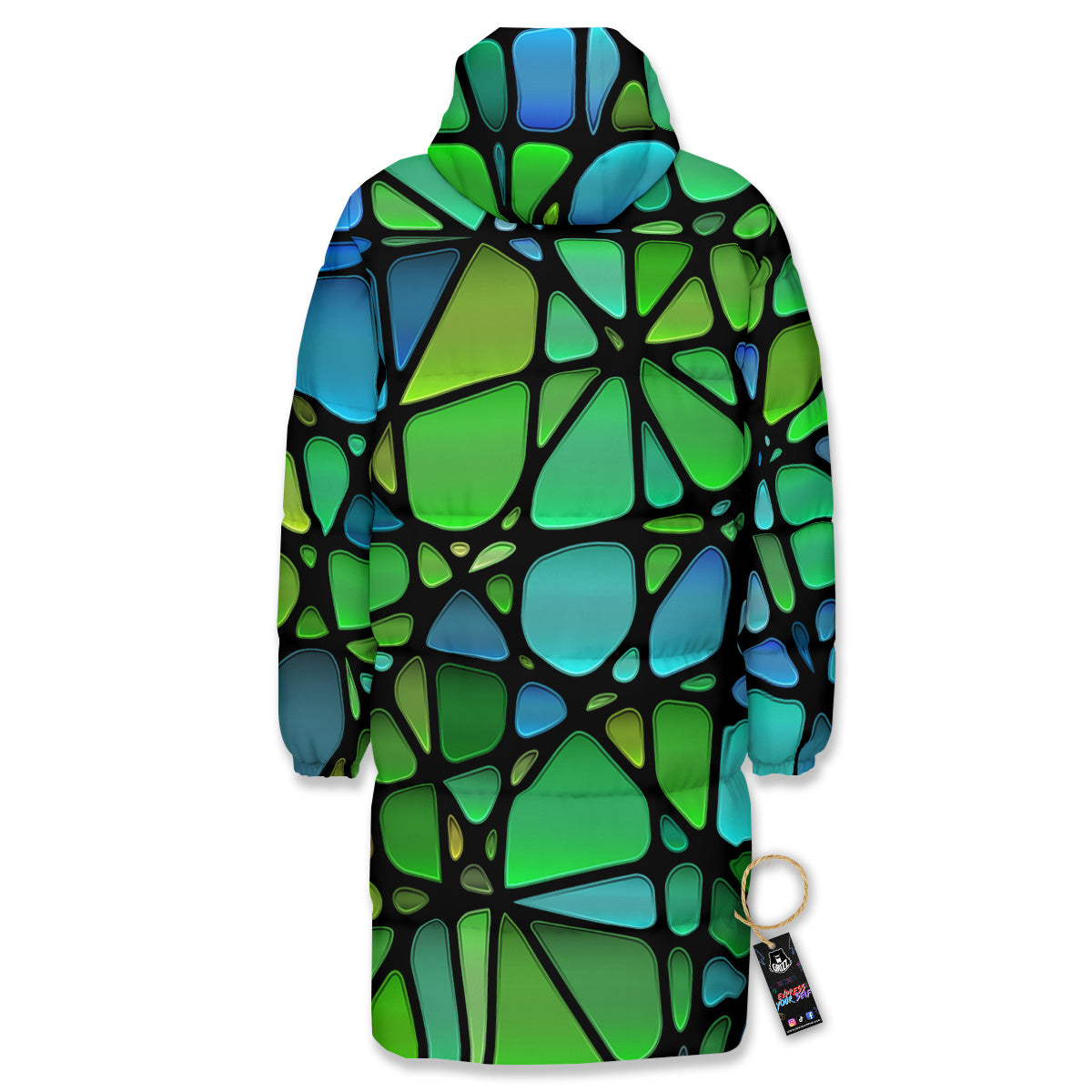 Stained Glass Green And Blue Print Long Down Jacket