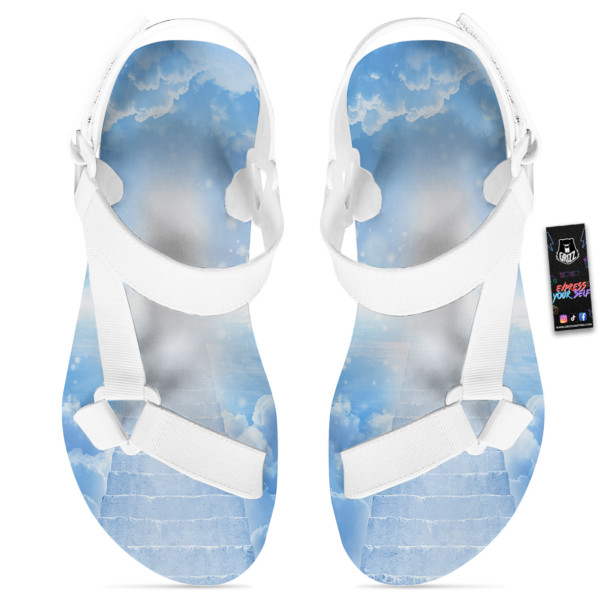 Stairs To Heaven Print White Open Toe Sandals-grizzshop