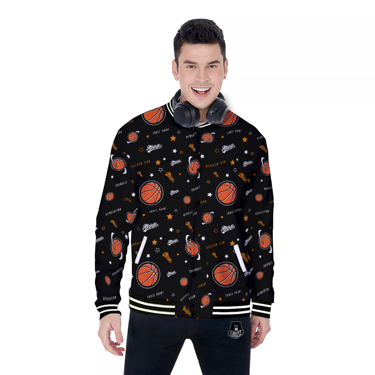 Star And Basketball Print Pattern Baseball Jacket-grizzshop