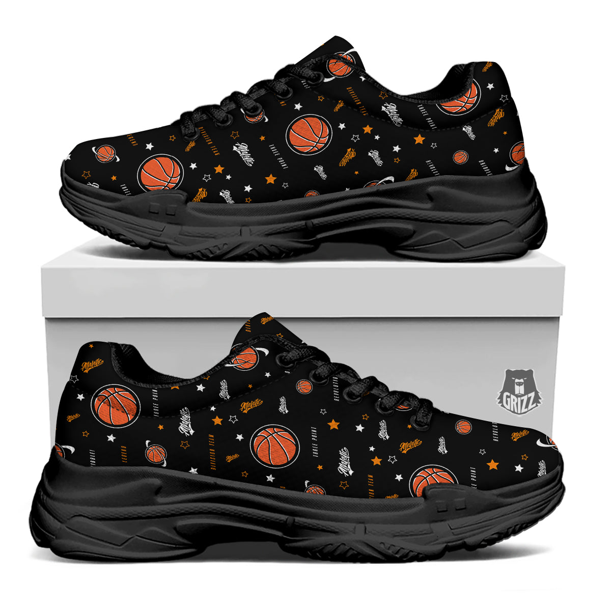 Star And Basketball Print Pattern Black Chunky Shoes-grizzshop